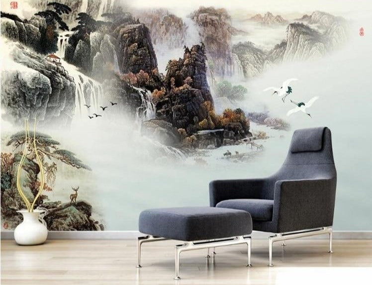 Chinese Misty Waterfalls Wallpaper Mural, Custom Sizes Available
