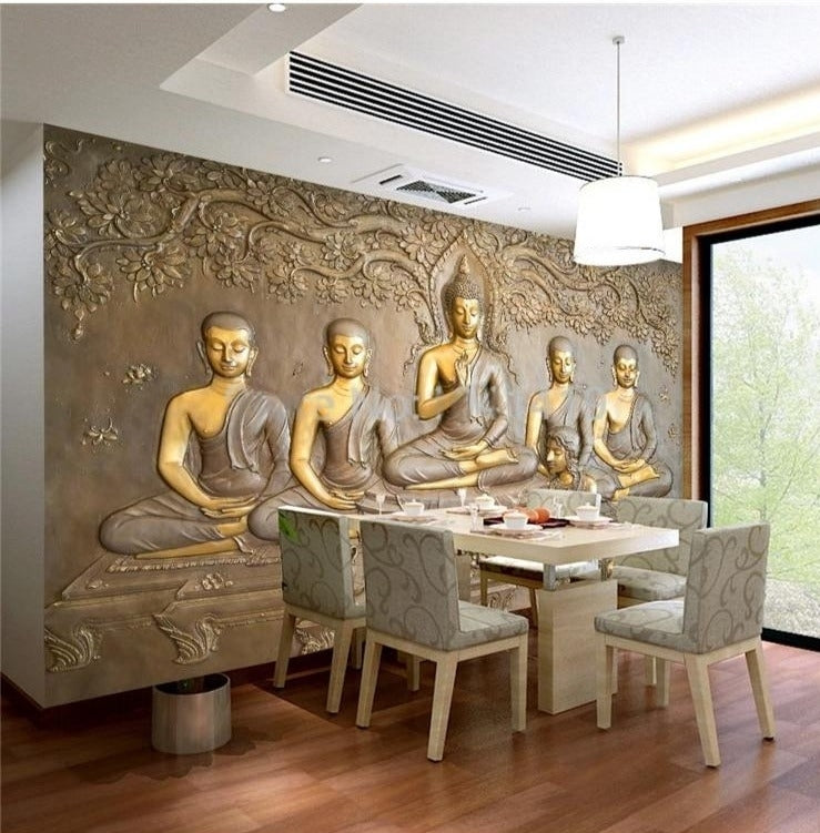 Golden Buddha Relief Wallpaper Mural, Custom Sizes Available