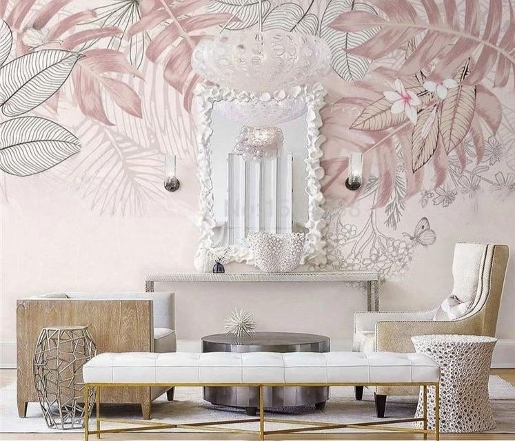 Abstract Hand-Painted Tropical Leaves Wallpaper Mural, Custom Sizes Available