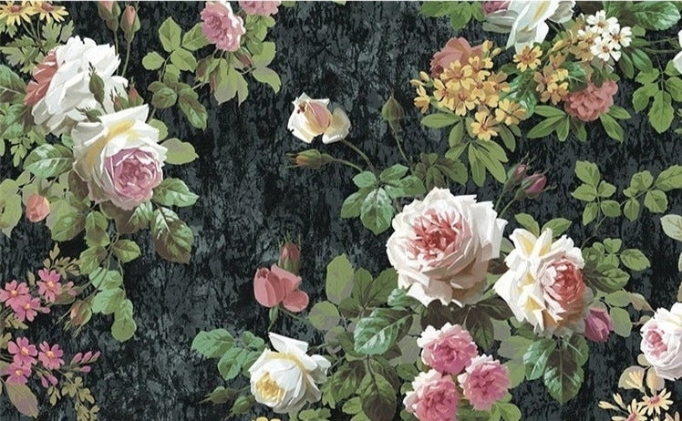 Gorgeous Hand-Painted Pink Roses Wallpaper Mural, Custom Sizes Available