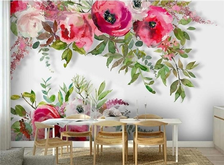 Watercolor Pink Flowers Wallpaper Mural, Custom Sizes Available