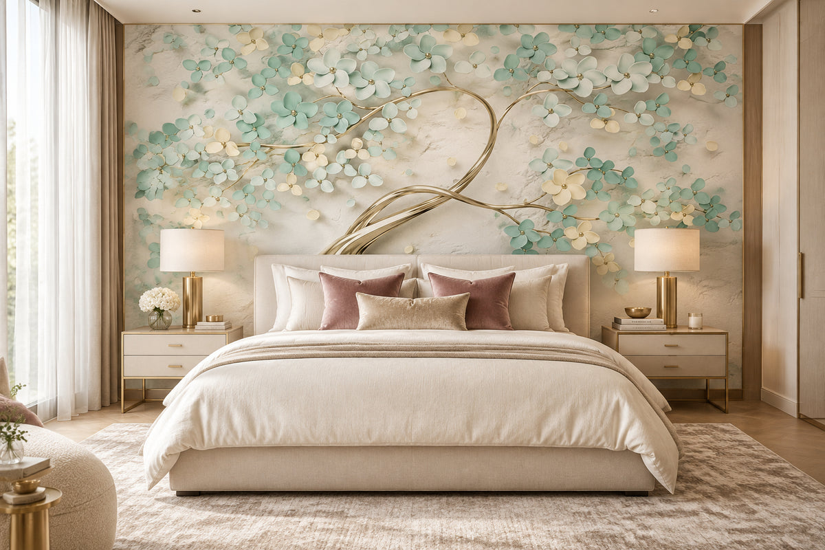 Mural de papel pintado con flores de árboles de color menta, tamaños personalizados disponibles