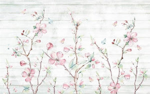 Flor de cerezo, grano de madera, mural de papel tapiz de flores de mariposa, tamaños personalizados disponibles