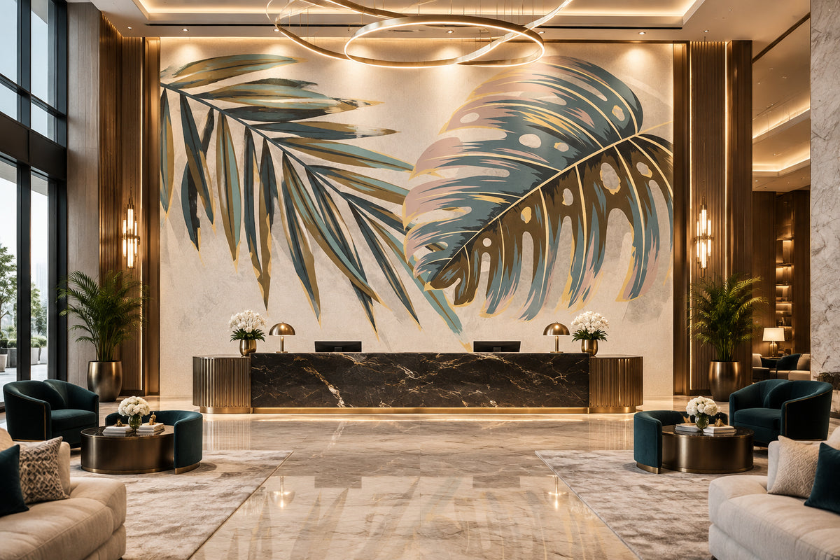 Tropical Plant Leaves Wallpaper Mural, Custom Sizes Available