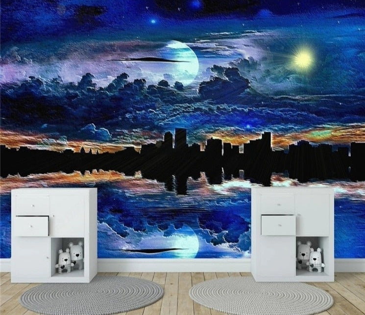 Mural Reflejo Fantástico de Ciudad con Cielo Surrealista, Tamaños Personalizados Disponibles