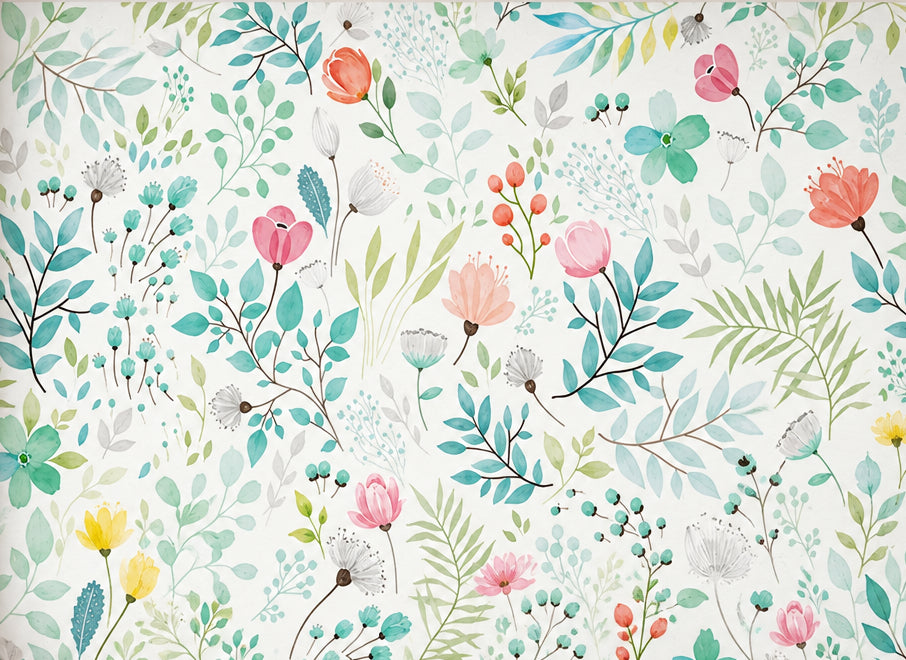 Delightful Flowers and Leaves Wallpaper Mural, Custom Sizes Available
