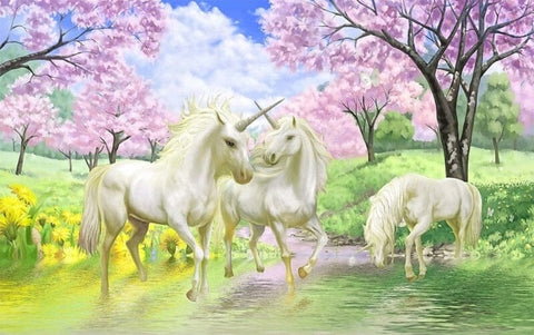Image of Papel pintado de flor de cerezo y unicornios, tamaños personalizados disponibles