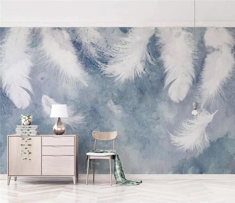 Wispy White Feathers Background Wallpaper Mural, Custom Sizes Available