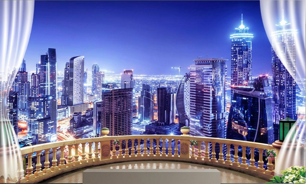 Night Cityscape Wallpaper Mural, Custom Sizes Available