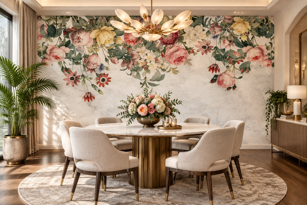 Lovely Hand-Painted Floral Swag  Wallpaper Mural, Custom Sizes Available