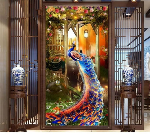 Image of Mural de papel pintado vertical colorido pavo real, tamaños personalizados disponibles