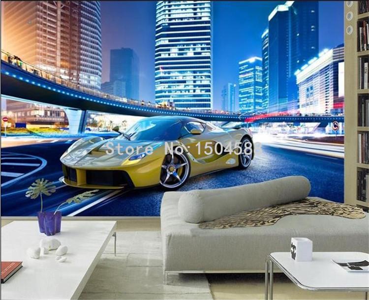 Sleek Yellow Sports Car City Night Wallpaper Mural, Custom Sizes Available