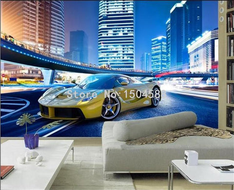 Image of Sleek Yellow Sports Car City Night Wallpaper Mural, Custom Sizes Available