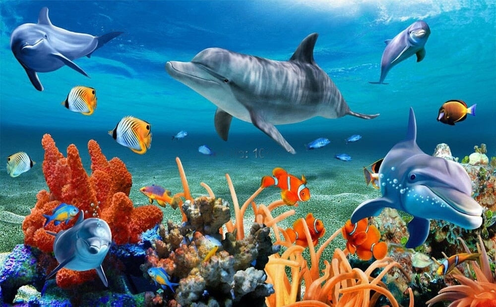 Playful Dolphins at Coral Reef Wallpaper Mural, Custom Sizes Available