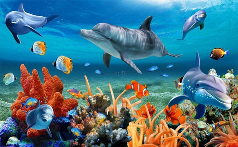 Image of Playful Dolphins at Coral Reef Wallpaper Mural, Custom Sizes Available