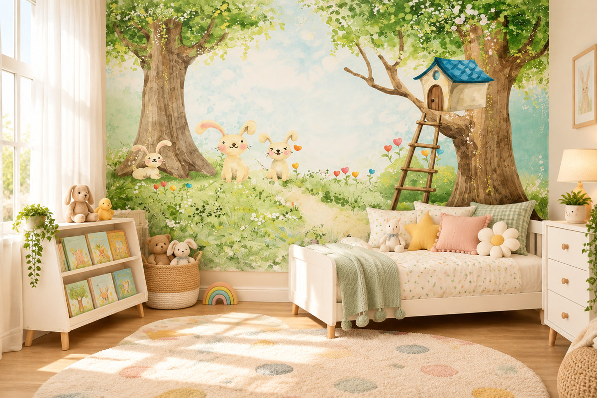 Cute Cartoon Bunnies and Trees Kid's Wallpaper Mural, Custom Sizes Available