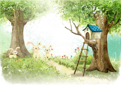 Image of Cute Cartoon Bunnies and Trees Kid's Wallpaper Mural, Custom Sizes Available