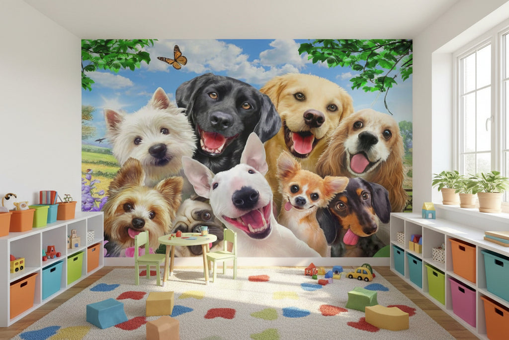 Cute Cartoon Dogs Wallpaper Mural, Custom Sizes Available