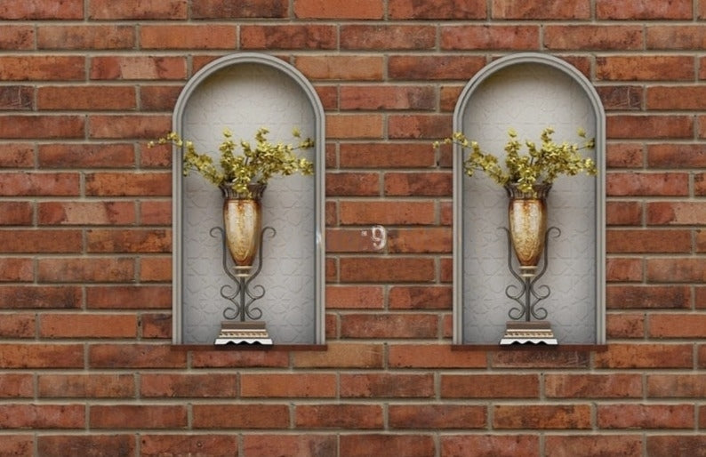 Beautiful Floral Vases In Niches Brick Wall Wallpaper Mural, Custom Sizes Available