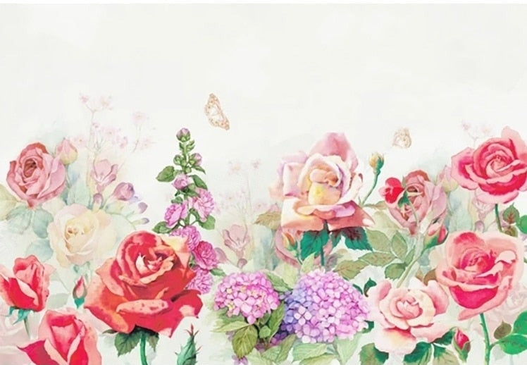 Beautifully Hand-Painted Watercolor Roses and Hydrangeas Wallpaper Mural, Custom Sizes Available