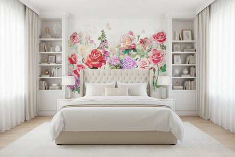 Image of Beautifully Hand-Painted Watercolor Roses and Hydrangeas Wallpaper Mural, Custom Sizes Available