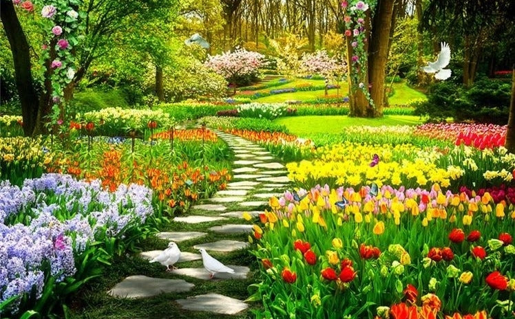 Beautiful Spring Flower Garden with Stone Pathway Wallpaper Mural, Custom Sizes Available