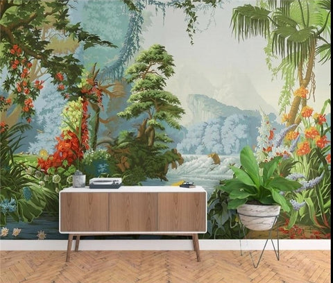 Image of Mural de papel tapiz de selva tropical pintado a mano, tamaños personalizados disponibles