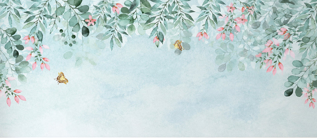 Lovely Floral Garland With Butterflies Wallpaper Mural, Custom Sizes Available