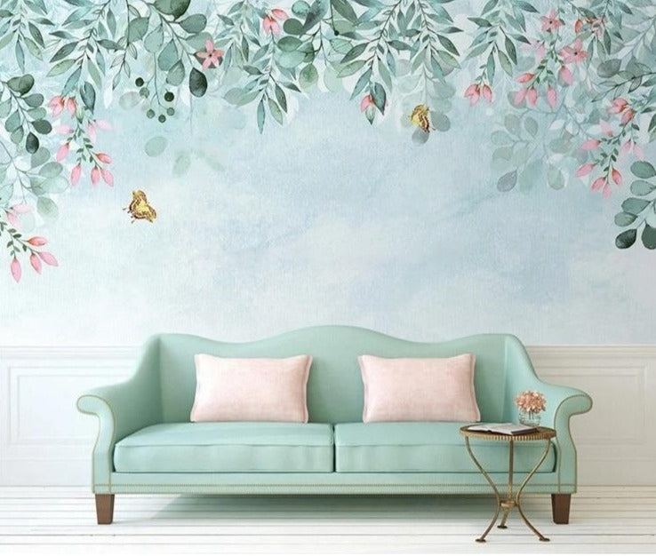 Lovely Floral Garland With Butterflies Wallpaper Mural, Custom Sizes Available
