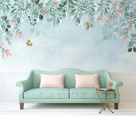 Image of Lovely Floral Garland With Butterflies Wallpaper Mural, Custom Sizes Available