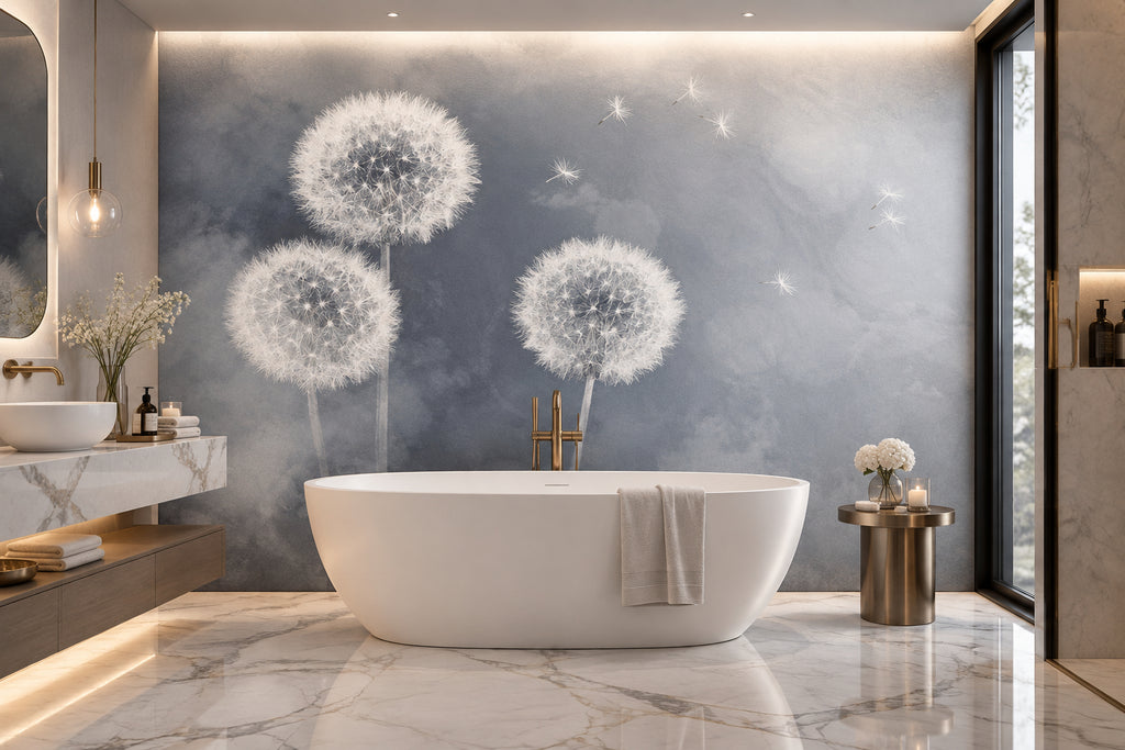 Dandelions Dispersing on a Gray Background Wallpaper Mural, Custom Sizes Available