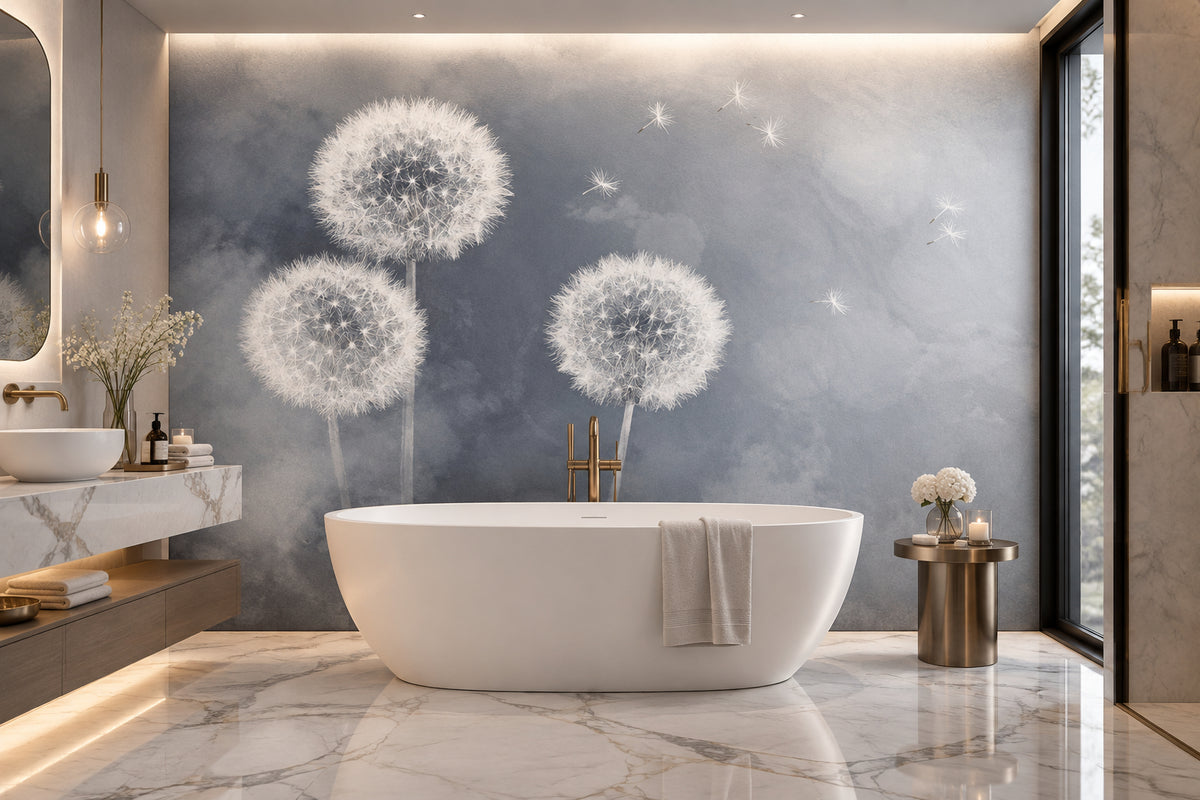 Dandelions Dispersing on a Gray Background Wallpaper Mural, Custom Sizes Available