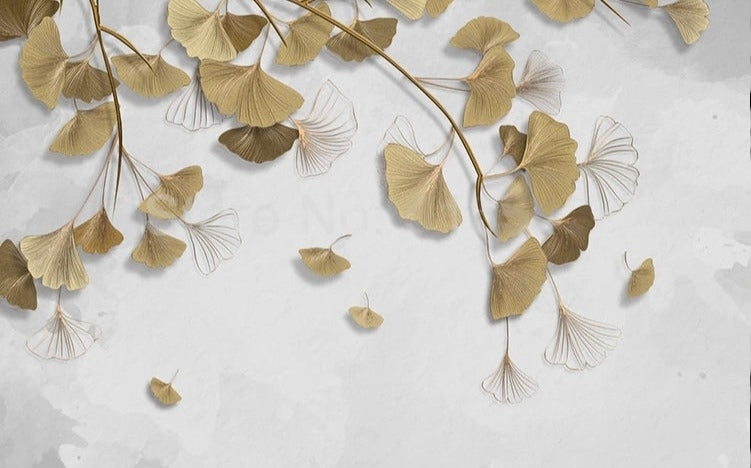 Golden Ginkgo Leaves Wallpaper Mural, Custom Sizes Available