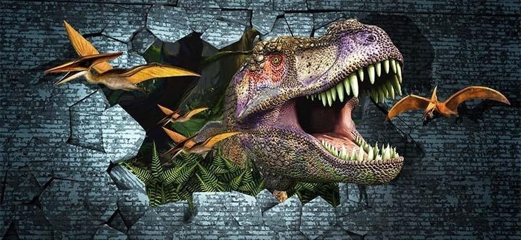 Dramatic Dinosaur Breaking Through Wall Wallpaper Mural, Custom Sizes Available