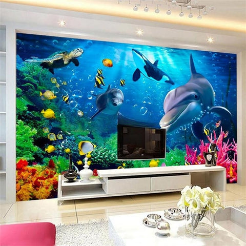 Image of Mural de papel pintado con delfines, corales y peces tropicales, tamaños personalizados disponibles