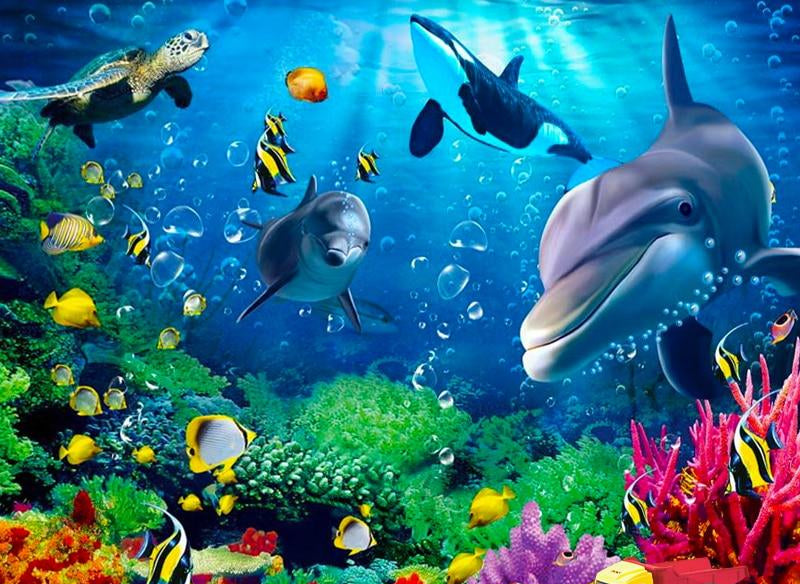 Dolphins, Corals and Tropical Fish Wallpaper Mural, Custom Sizes Available
