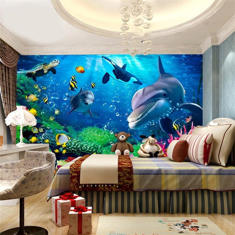 Image of Mural de papel pintado con delfines, corales y peces tropicales, tamaños personalizados disponibles