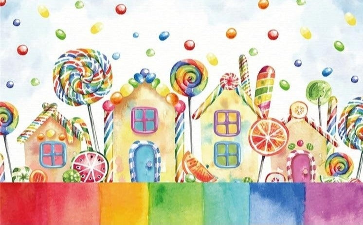 Colorful Cartoon Houses and Lollipops Wallpaper Mural, Custom Sizes Available