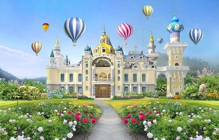 Fantasy Castle and Balloons Wallpaper Mural, Custom Sizes Available