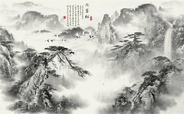 Chinese Ink Misty Mountains Wallpaper Mural, Custom Sizes Available