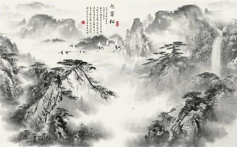 Image of Chinese Ink Misty Mountains Wallpaper Mural, Custom Sizes Available