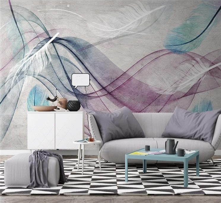 Feathers and Lines Wallpaper Mural, Custom Sizes Available