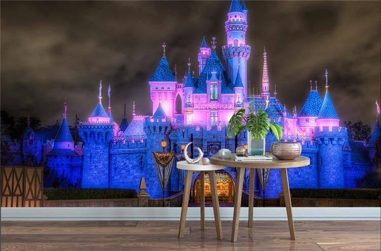 Mural de papel pintado con un castillo iluminado encantador, tamaños personalizados disponibles