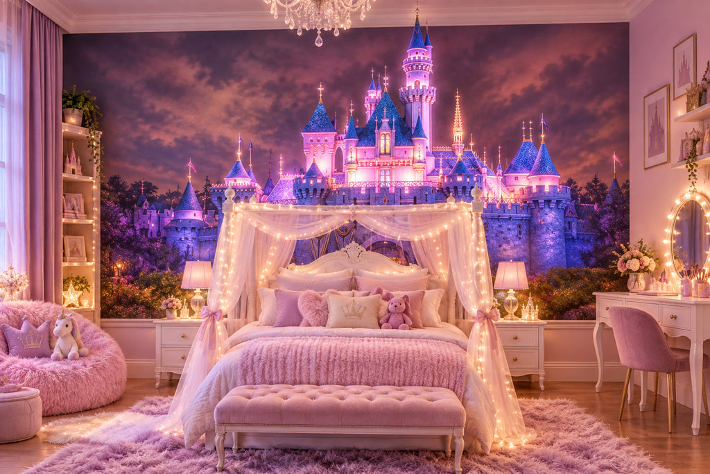Mural de papel pintado con un castillo iluminado encantador, tamaños personalizados disponibles
