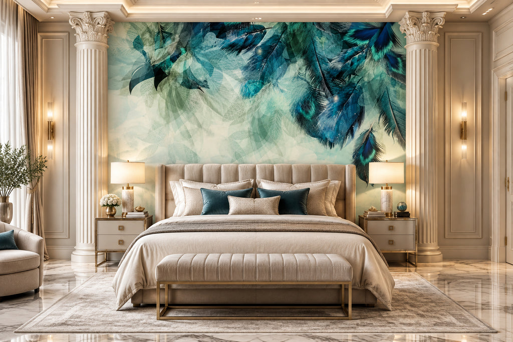 Ethereal Blue Feathers Abstract Wallpaper Mural, Custom Sizes Available