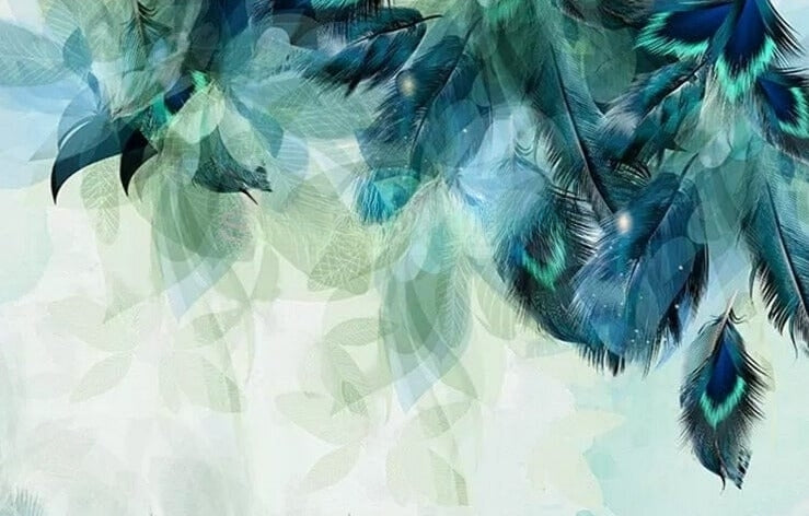 Ethereal Blue Feathers Abstract Wallpaper Mural, Custom Sizes Available