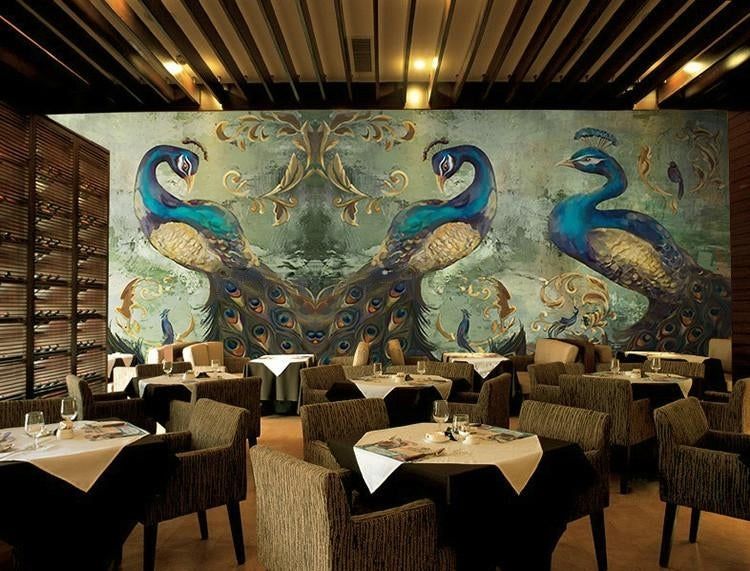 Mural clásico del papel pintado del pavo real del estilo europeo, tamaños de encargo disponibles