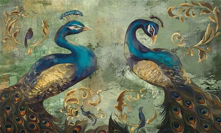 Exquisite Classical Blue Peacocks Wallpaper Mural, Custom Sizes Available