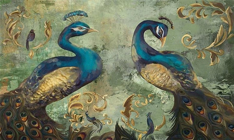Image of Exquisite Classical Blue Peacocks Wallpaper Mural, Custom Sizes Available