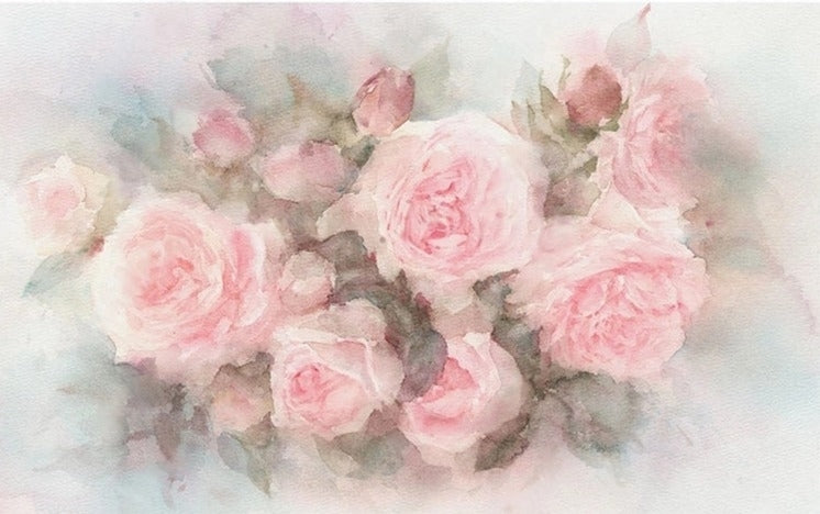 Hand-Painted Watercolor Pink Roses Wallpaper Mural, Custom Sizes Available